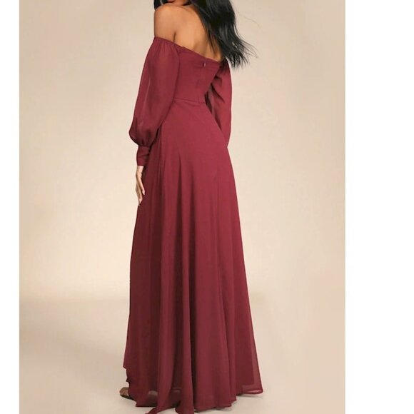 Lulu's Feel Romance Burgundy Off-the-Shoulder Maxi Dress Size Small NWOT - Picture 3 of 6